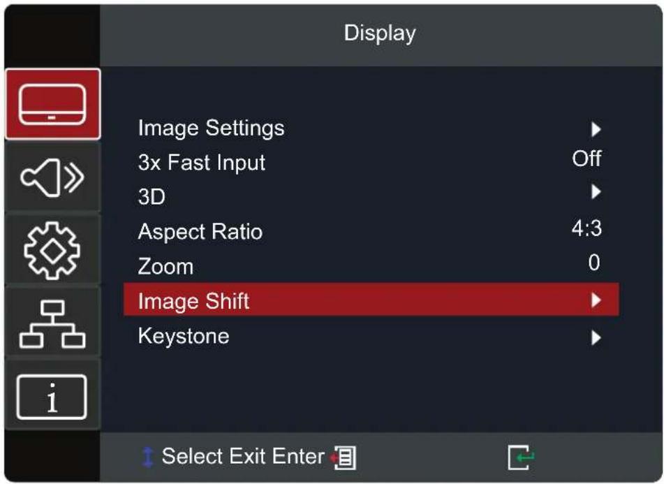 Display Image Settings 3x Fast Input Off 3D Aspect Ratio 4:3 Zoom 0 Image Shift Keystone Select Exit Enter