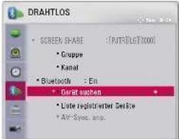 DRAFTLOS • SCREEN SHARE : [RUT] [LET] [1000] • Gruppe • Kanal • Bluetooth : Ein • Gerät suchen • Liste registrierter Geräte • AV-Sync, amp.