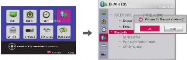 BBD AUDIO ZEBT SHORTLOS OPTION 1 OPTION 2 SIGNALS FILE ME DATA DRAFTLOS SCREEN SAVE AUTO SHORTLOS Gruppe Kanal Bluetooth Gerät suchen Liste registrierter Geräte AV-Sync, amp. Möchten Sie Bluetooth aktivieren? Ja Nein