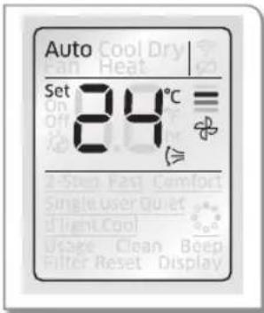 Auto Set 24°C 2-Step Fast Comfort Single user Quiet Light Cool Usage Clean Beep Filter Reset Display