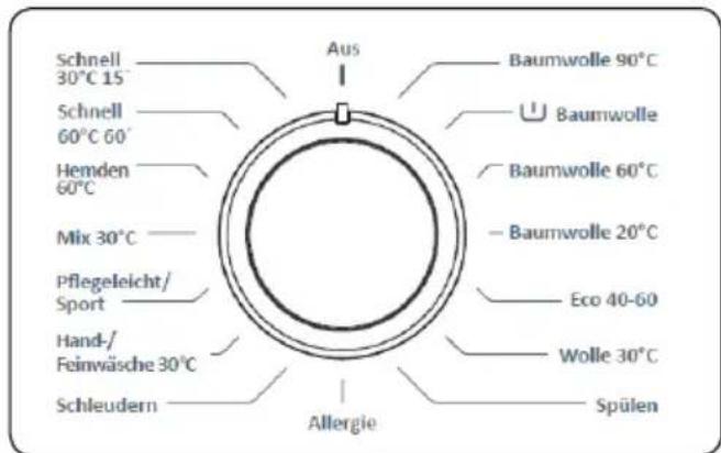 Schnell 30°C 15° Schnell 60°C 60° Hemden 60°C Mix 30°C Pflegeleicht/ Sport Hand-/Feinwäsche 30°C Schleudern Aus Baumwolle 90°C 8aumwolle Baumwolle 60°C Baumwolle 20°C Eco 40-60 Wolle 30°C Spülen Allergie