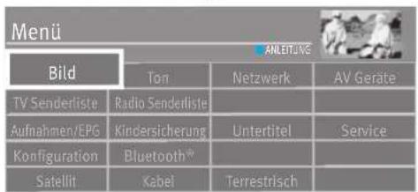 Menü Bild Ton Netzwerk AV Geräte TV Senderliste Radio Senderliste Aufnahmen/EPG Kindersicherung Untertitel Service Konfiguration Bluetooth® Satellit Kabel Terrestrisch