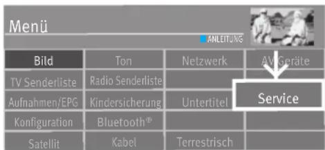 Menü ANLEITUNG Bild Ton Netzwerk AV Geräte TV Senderliste Radio Senderliste Aufnahmen/EPG Kindersicherung Unterlittel Service Konfiguration Bluetooth® Satellit Kabel Terrestrisch