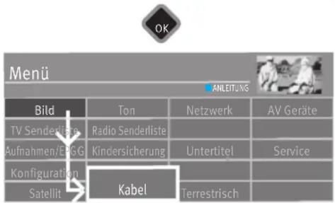 OK Menü ANLEITÜNGS Bild Ton Netzwerk AV Geräte TV Senderliste Radio Senderliste Aufnahmen/EPGG Kindersicherung Untertitel Service Konfiguration Kabel Satellit Terrestrisch