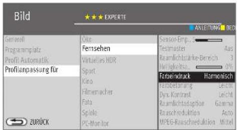 Bild ★★★ EXPÉRTE ASLETUNG BED Geräteil Programplatz Profil Automatik Profianpassung für Oke Fernsehen Virtuelos HDR Sport Kino Filmemacher Fata Spiele PC-Monitor Sensor-Emp..S Testmaster Raumlichtstärke-Bereich Helligeltsa... Farbelndruck Harmonisch Farbebetragn Dyck-Kanirast Leicht Raumlichtadoption Gamma Rauschreduktion Auto MPBG-Rauschreduktion Mittel