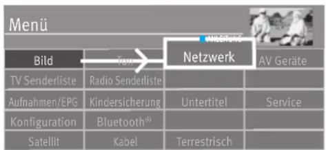 Menü Bild TV Senderliste Radio Senderliste Aufnahmen/EPG Kindersicherung Untertitel Service Konfiguration Bluetooth® Satellit Kabel Terrestrisch Netzwerk AV Geräte