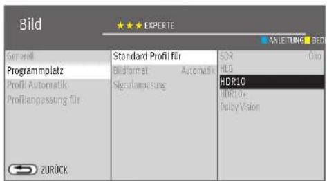 Bild GENERAL Programmplatz Profil Automatik Profilanpassung für ZURÜCK Standard Profil für Bildformat Signalampasung SOS HLG HDR10 HDR10+ Delay Vision AXLETUNG BED