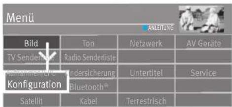 Menü ANLEIT/AC Bild TV Senderliste Kaufminder/LiPo Konfiguration Ton Radio Senderliste Andersicherung Bluetooth® Satellit Kabel Netzwerk Untertitel Terrestrisch AV Geräte Service
