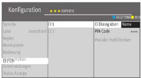 Konfiguration EXPERTE AXLETUNG BED Sprache Land Deutschland Region Monüsystem Bedienung Gefahrheiten Zeitenstellungen Status Anzeige CI 1 CI 2 CI Dialog über: Name PIN-Code Provider Profil, Löschen