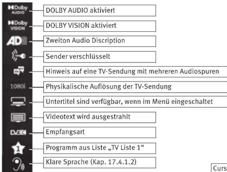 Dolby AUDIO Dolby VISION AD Sender verschlüsselt Hinweis auf eine TV-Sendung mit mehreren Audiospuren 1080i Physikalische Auflösung der TV-Sendung Untertitel sind verfügbar, wenn im Menü eingeschaltet Videotext wird ausgestrahlt Empfangsart Programm aus Liste „TV Liste 1“ Klare Sprache (Kap. 17.4.1.2)