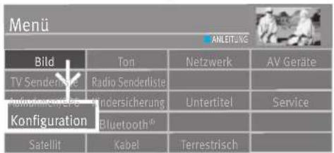 Menü ANLEITUNG Bild TV Senderliste Konzernkreis Konfiguration Ton Radio Senderliste Vinderersicherung Bluetooth® Satellit Kabel Netzwerk Untertitel Terrestrisch AV Geräte Service