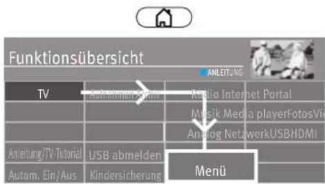 Funktionsübersicht TV Anleitung/TV- Tutorial Autom. Ein/Aus Radio Internet Portal Musik Media playerFotosVia Analog NetworkUSBHDMI ANLEITING Menu