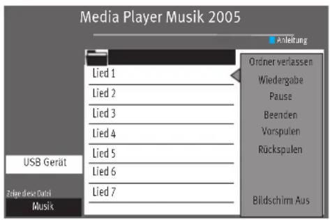 Media Player Musik 2005 Anleitung Lied 1 Lied 2 Lied 3 Lied 4 Lied 5 Lied 6 Lied 7 Ordner verlassen Wiedergabe Pause Beenden Vorspulen Rückspulen USB Gerät Zaher das Textil Musik Bildschirm Aus
