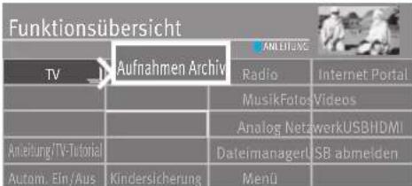 Funktionsübersicht TV Aufnahmen Archive Radio Internet Portal MusikFotosVideos Analog NetzwerkUSBHDMI DateimanagerL SB abmelden Autom. Ein/Aus Kindersicherung Menü