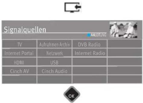 Signalquellen ANLETUKC TV Aufnahmen Archiv DVB Radio Internet Portal Netzwerk Internet Radio HDMI USB Cinch AV Cinch Audio OK