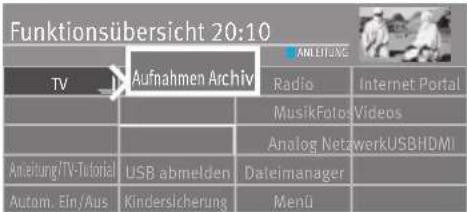 Funktionsübersicht 20:10 TV Aufnahmen Archiv Radio Internet Portal MusikFotos Videos Analog NetzwerkUSBHDMI Anleitung/TV-Tutorial USB abmelden Dateimanager Autom. Ein/Aus Kindersicherung Menü