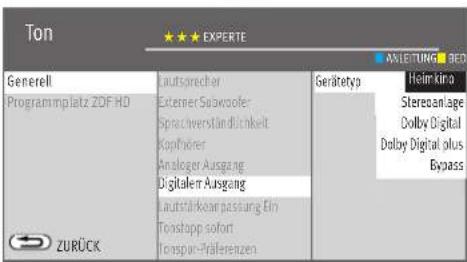 Ton ★★★ EXPÉRTE ANLETUNG RED Generell Programmplatz ZDF HD ZURÜCK Laufsprecher Externer Sopwoofer Sprachverständlichkeit Kophöherer Analoger Ausgang Digitaler Ausgang Laufstärkkan passung Ein Tonstapp sofort Tonspur-Präferenzen Gerätetyp Helminimo Stereoanlage Dolby Digital Dolby Digital plus Bypass