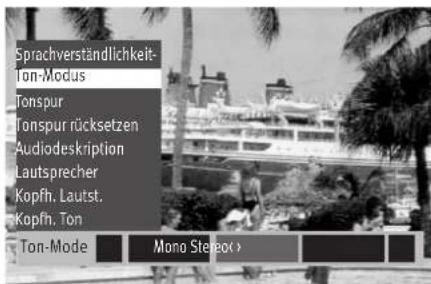 Sprachverständlichkeit- Ton-Modus Tonspur Tonspur rücksetzen Audiodeskription Lautsprecher Kopfh. Lautst. Kopfh. Ton Ton-Mode Mono Stereok >