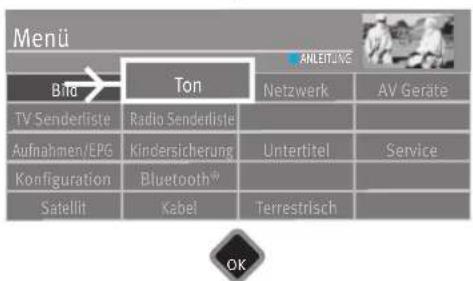 Menü Btu Ton ANLEIT/AVE Netzwerk AV Geräte TV Senderliste Radio Senderliste Aufnahmen/EPG Kindersicherung Untertitel Service Konfiguration Bluetooth® Satellit Kabel Terrestrisch OK