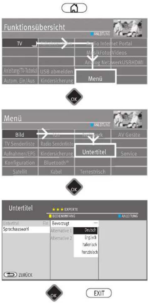 Funktionsübersicht TV Anleitung/TV-Tutorial Autom. Ein/Aus ANLEITLNGS Radio Internet Portal M MusikFotosVideos Analog NetzwerkUSBHDMI USB abmelden Kindersicherung Menu OK Menü Bild TV Senderliste Aufnahmen/EPG Konfiguration Satellit Ion Radio Senderliste Kindersicherung Bluetooth® Kabel Untertitel ANTERTITEL EXPERTE BEDIENUMFANG Bevorzugt Alternative 1 Alternative 2 Deutsch Englisch Italienisch Französisch ZURÜCK OK EXIT