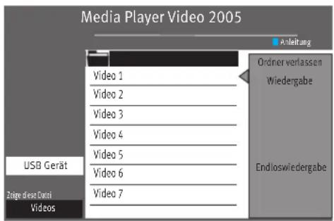 Media Player Video 2005 Anleitung Video 1 Video 2 Video 3 Video 4 Video 5 Video 6 Video 7 Orderverlassen Wiedergabe Endloswiedergabe USB Gerät Zinige diese Donti Videos