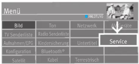 Menü ANLEITUNG Bild Ton Netzwerk An Geräte TV Senderliste Radio Senderliste Aufnahmen/EPG Kindersicherung Untertitel Service Konfiguration Bluetooth® Satellit Kabel Terrestrisch