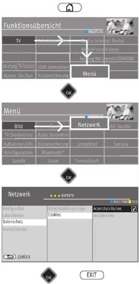 Funktionsübersicht TV Anleitung/TV-Tutorial Autom. Ein/Aus ANLEITUNG Radio Internet Portal Mensik Fotos Videos Analog NetzwerkUSBHDMI USB abmelden Kindersicherung Menü OK Menü Bild TV Senderliste Aufnahmen/EPG Konfiguration Satellit Radio Senderliste Kindersicherung Bluetooth® Kabel Netzwerk AV Geräte Untertitel Service Terrestrisch OK Netzwerk Konfiguration Lokale Dienste Datenschutz Internet Dienstee ZURÜCK EXPERTE Datenschutzkühlung anträgen Cookies ANLEITUNG BEDI Automaticn löschen. Jetzt löschen OK EXIT
