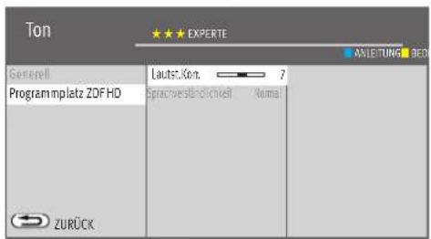 Ton GENERAL Programmplatz ZDF HD ZURÜCK Lautst.Kon. Spacwestbrenckell 7 Normal EXPERTE AXLETUNG BED