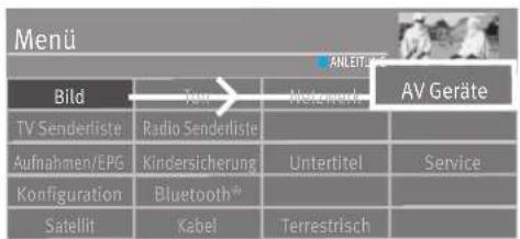 Menü ANLEIT Bild TV Senderliste Radio Senderliste Aufnahmen/EPG Kindersicherung Untertitel Service Konfiguration Bluetooth® Satellit Kabel Terrestrisch AV Geräte