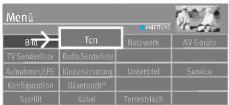 Menü BTA Ton ANLEITUNG Netzwerk AV Geräte TV Senderliste Radio Senderliste Aufnahmen/EPG Kindersicherung Untertitel Service Konfiguration Bluetooth® Satellit Kabel Terrestrisch