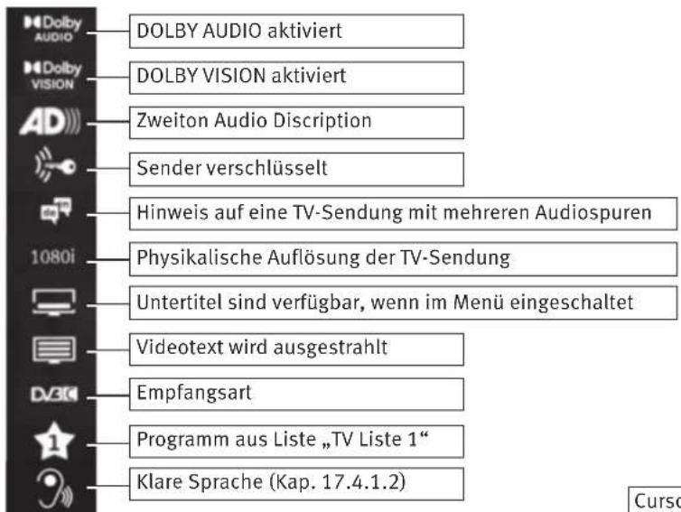 Dolby AUDIO Dolby VISION AD Sender verschlüsselt Hinweis auf eine TV-Sendung mit mehreren Audiospuren 1080i Physikalische Auflösung der TV-Sendung Untertitel sind verfügbar, wenn im Menü eingeschaltet Videotext wird ausgestrahlt Empfangsart Programm aus Liste „TV Liste 1“ Klare Sprache (Kap. 17.4.1.2)
