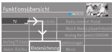 Funktionsübersicht TV Anleitung/Artiv-Tutorial Autom. Ein/Aus Kindersicherung Radio Internet Portal Musik Media playerFotosVia Analog NetzwerkUSBHDMI Mateimanager Menü