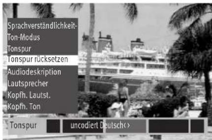 Sprachverständlichkeit- Ton-Modus Tonspur Tonspur rücksetzen Audiodeskription Lautsprecher Kopfh. Lautst. Kopfh. Ton Tonspur uncodiert Deutsch>