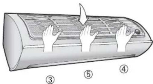 Diagram of a car air conditioner with labeled parts showing hand positioning and airflow direction