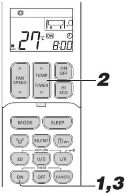27°C ON 8:00 FAN SPEED TEMP ON OFF TIMER Hi ECO MODE SLEEP SILENT AIRFLOW 3D U/D L/R ON OFF CANCEL 1,3
