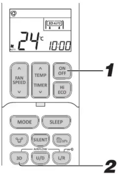 3D AUTO 24°C 10:00 ^ FAN SPEED ^ TEMP TIMER ON OFF Hi ECO MODE SLEEP SILENT AIRFLOW 3D U/D L/R 1 2