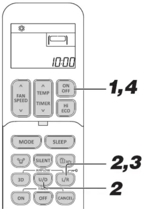 10:00 ^ FAN SPEED ^ TEMP TIMER ON OFF Hi ECO MODE SLEEP SILENT AIRFLOW 3D U/D TIMER L/R ON OFF CANCEL 1,4 2,3 2