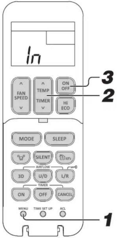 In ^ FAN SPEED ^ TEMP TIMER ON OFF HI ECO MODE SLEEP SILENT AIRFLOW 3D U/D L/R ON OFF CANCEL MENU TIME SET UP ACL 1 3 2