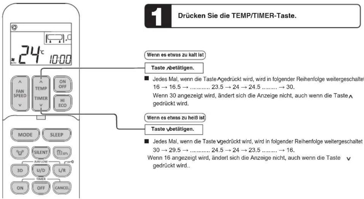 1 Drücken Sie die TEMP/TIMER-Taste. Wenn es etwas zu kalt ist Taste ▲betätigen. ■ Jedes Mal, wenn die Taste ▲gedrückt wird, wird in folgender Reihenfolge weitergeschaltet 16 → 16.5 → ...... 23.5 → 24 → 24.5 ...... → 30. Wenn 30 angezeigt wird, ändert sich die Anzeige nicht, auch wenn die Taste ▲ gedrückt wird. Wenn es etwas zu heiß ist Taste ▼betätigen. ■ Jedes Mal, wenn die Taste ▼gedrückt wird, wird in folgender Reihenfolge weitergeschaltet 30 → 29.5 → ...... 24.5 → 24 → 23.5 ...... → 16. Wenn 16 angezeigt wird, ändert sich die Anzeige nicht, auch wenn die Taste ▼ gedrückt wird.. MODE SLEEP SILENT AIRFLOW 3D U/D L/R ON OFF CANCEL