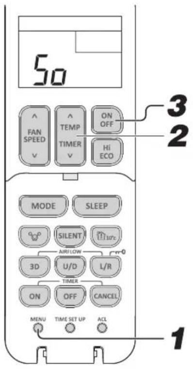 50 ^ FAN SPEED ^ TEMP TIMER ON OFF Hi ECO MODE SLEEP SILENT AIRFLOW 3D U/D L/R TIMER ON OFF CANCEL MENU TIME SET UP ACL 1 3 2
