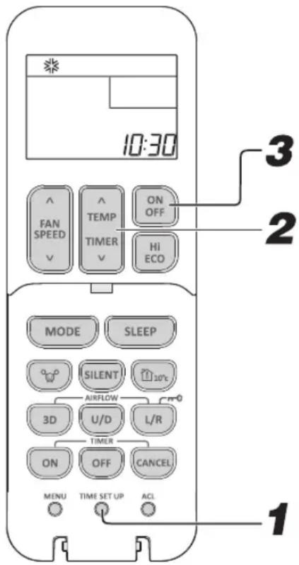 10:30 FAN SPEED TEMP TIMER ON OFF Hi ECO MODE SLEEP SILENT AIRFLOW 3D U/D L/R TIMER ON OFF CANCEL MENU TIME SET UP ACL 1 2 3