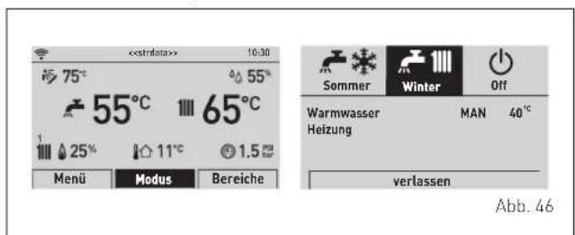 > 10:30 75°C 55% 55°C 65°C 25% 11°C 1.5 PM Menü Modus Bereiche Sommer Winter Off Warmwasser MAN 40°C Heizung verlassen Abb. 46