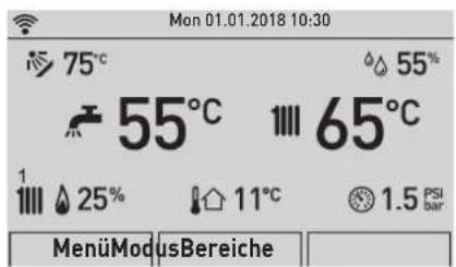 Mon 01.01.2018 10:30 75°C 55% 55°C 65°C 1 25% 11°C 1.5 PSI bar MenüModusBereiche
