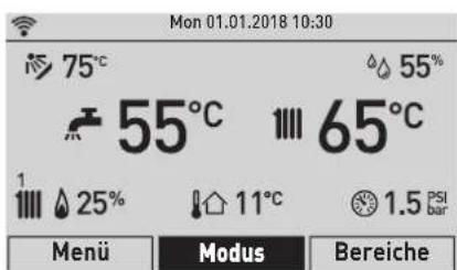 Mon 01.01.2018 10:30 75°C 55°C 65°C 25% 11°C 1.5 PSI Bar Menü Modus Bereiche