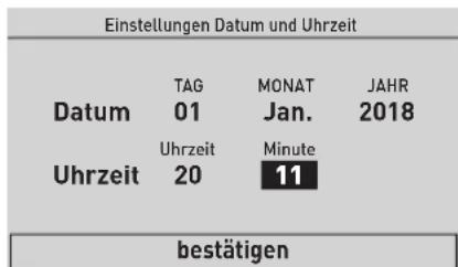 Einstellungen Datum und Uhrzeit Datum TAG MONAT JAHR 01 Jan. 2018 Uhrzeit Minute 20 11 bestätigen