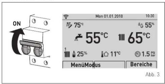 ON 75°C 55°C 65°C 25% 11°C 1.5 PSI bar MenüModus Bereiche Mon 01.01.2018 10:30 Abb. 3