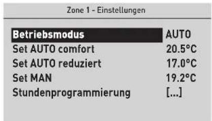 Zone 1 - Einstellungen Betriebsmodus AUTO Set AUTO comfort 20.5°C Set AUTO reduziert 17.0°C Set MAN 19.2°C Stundenprogrammierung [...]