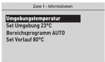 Zone 1 - Informationen Umgebungstemperatur Set Umgebung 23°C Bereichsprogramm AUTO Set Vorlauf 80°C
