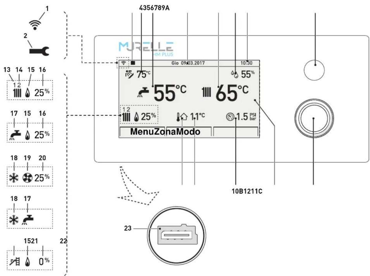 4356789A MURELLE HM PLUS Gio 09/03.2017 10:30 75°C 55°C 55°C 65°C 1.2 25% 1.1°C 1.5 PSI bar MenuZonaModo 10B1211C 23 1521 0%