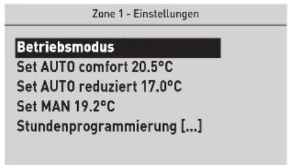 Zone 1 - Einstellungen Betriebsmodus Set AUTO comfort 20.5°C Set AUTO reduziert 17.0°C Set MAN 19.2°C Stundenprogrammierung [...]